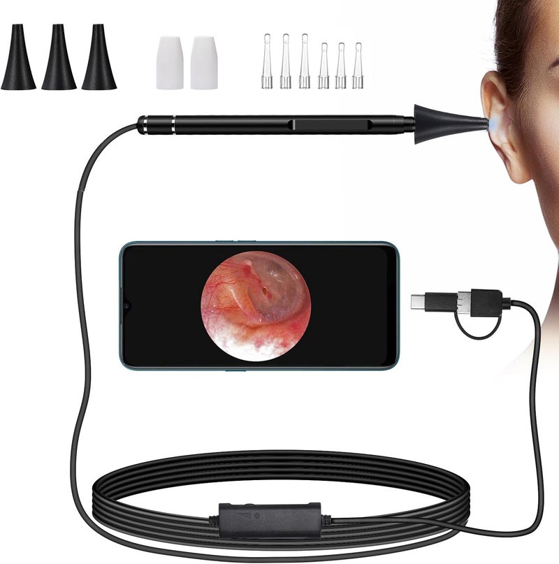 Jiusion 3.9mm Ultra-Thin Portable USB Digital Otoscope Camera with Carrying Case, HD 720P 6 LED Visual Ear Scope with 3 Hats 2 Silicone Caps 8 Earwax Spoons for Android Windows Mac NOT for iPhone iPad - Image 1